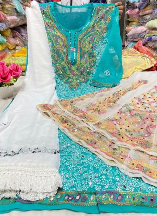 Sky blue Georgette Festival Wear Mirror Work Readymade Salwar Suit