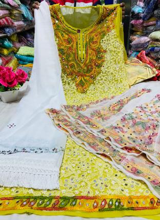 Yellow Georgette Festival Wear Mirror Work Readymade Salwar Suit