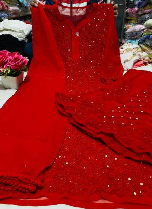Red Georgette Party Wear Jaal Work Readymade Salwar Suit