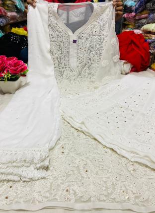 White Georgette Party Wear Jaal Work Readymade Salwar Suit