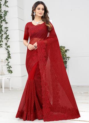 Red Net Wedding Wear Coding Work Saree
