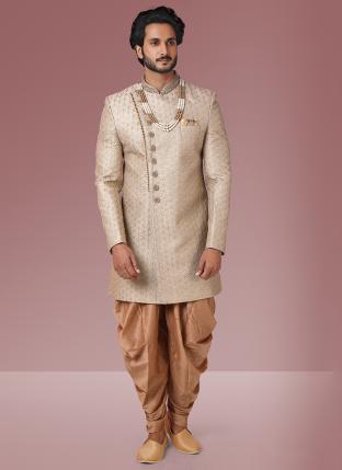  beige Banarasi Silk Wedding Wear Embroidery Work Sherwani