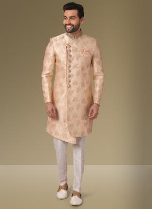 Cream peach Brocade Silk Wedding Wear Embroidery Work Sherwani