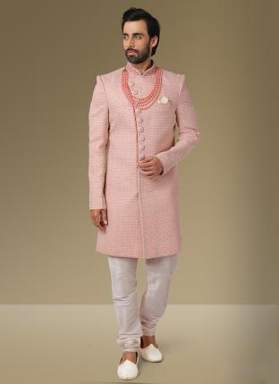 Pink Georgette Wedding Wear Lucknowi Work Sherwani