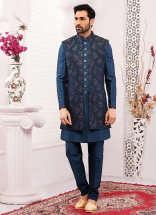 Blue Jacquard Brocade Silk Wedding Wear Embroidery Work Sherwani
