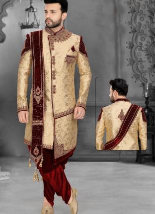 Gold Brocade Dhupion Wedding Wear Embroidery Work Indo Western