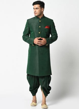 Green Dhupion Silk Festival Wear Plain Indo Western