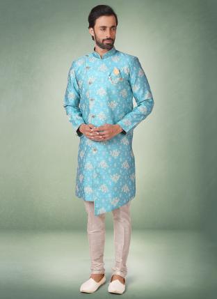 Blue Brocade Silk Festival Wear Jacquard Semi Indo Western