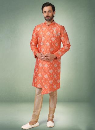 Orange Brocade Silk Festival Wear Jacquard Semi Indo Western