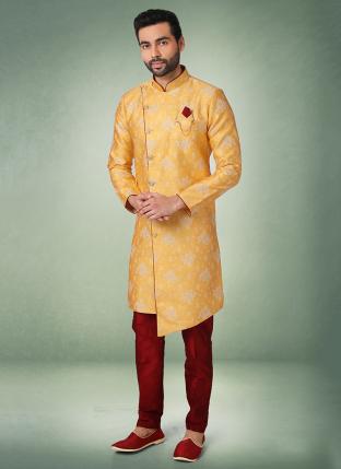 Yellow Brocade Silk Festival Wear Jacquard Semi Indo Western