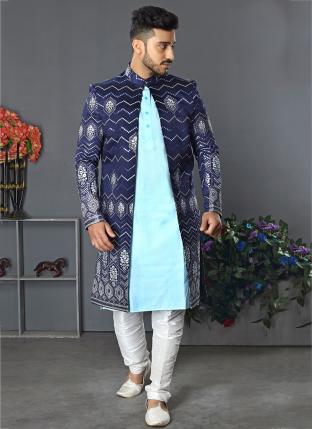 Blue Lakhnowi Silk Wedding Wear Weaving Sherwani