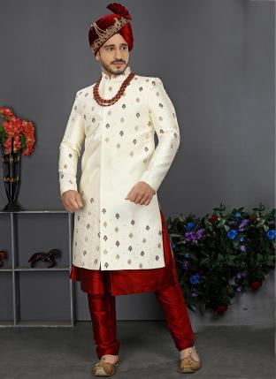 Cream Jacquard Art Silk Wedding Wear Weaving Sherwani