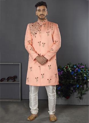 Peach Jacquard Art Silk Wedding Wear Weaving Sherwani