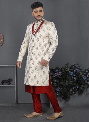 White Jacquard Art Silk Wedding Wear Weaving Sherwani
