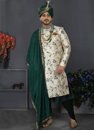 White Jacquard Art Silk Wedding Wear Weaving Sherwani