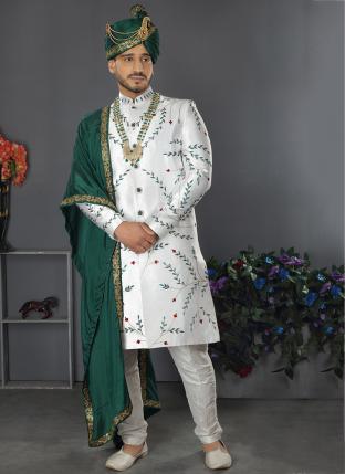 White Lakhnowi Silk Wedding Wear Weaving Sherwani