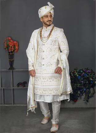 White Lakhnowi Silk Wedding Wear Weaving Sherwani