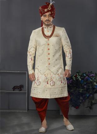 Cream Lakhnowi Silk Wedding Wear Weaving Sherwani