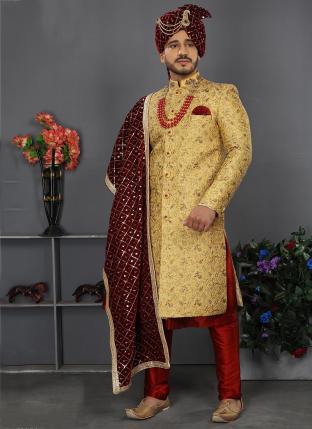 Gold Jacquard Art Silk Wedding Wear Weaving Sherwani