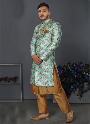 Multi Jacquard Art Silk Wedding Wear Weaving Sherwani