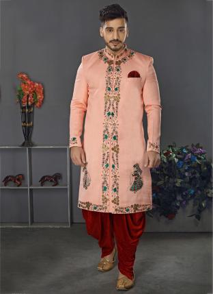 Peach Lakhnowi Silk Wedding Wear Weaving Sherwani