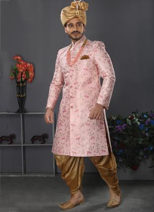 Pink Jacquard Art Silk Wedding Wear Weaving Sherwani
