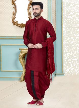 Maroon Dhupion Silk Traditional Wear Plain Dhoti Kurta