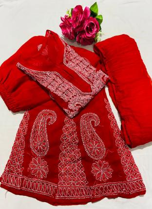 Red Georgette Traditional Wear Gala Butti Readymade Salwar Suit