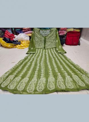 Green Georgette Festival Wear Lucknowi Work Gown