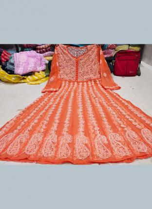 Orange Georgette Festival Wear Lucknowi Work Gown