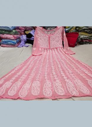 Pink Georgette Festival Wear Lucknowi Work Gown