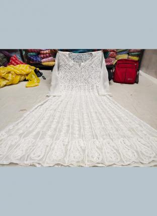 White Georgette Festival Wear Lucknowi Work Gown