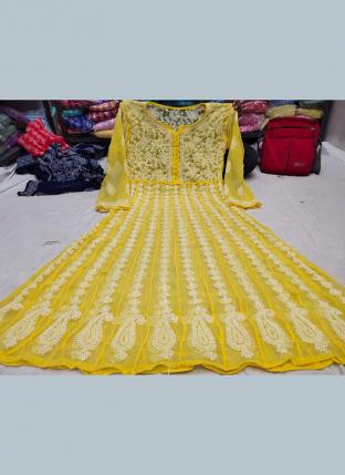 Yellow Georgette Festival Wear Lucknowi Work Gown