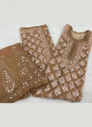 Brown Chiffon Georgette Festival Wear Embroidery Work Readymade Salwar Suit