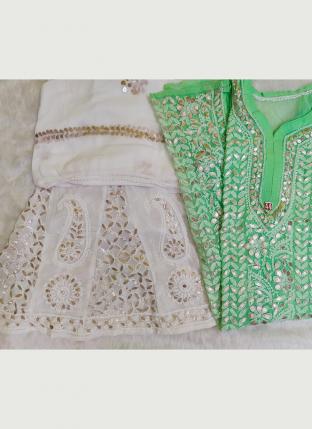 Pista Green Georgette Party Wear Gota Patti Work Readymade Salwar Suit