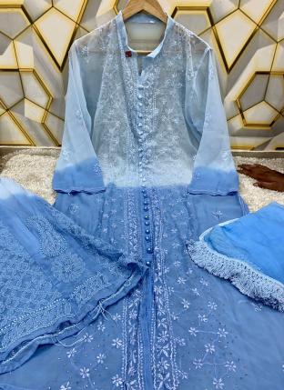 Blue Georgette Party Wear Pearls Work Readymade Salwar Suit