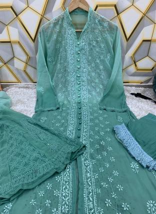 Firozi Georgette Party Wear Pearls Work Readymade Salwar Suit