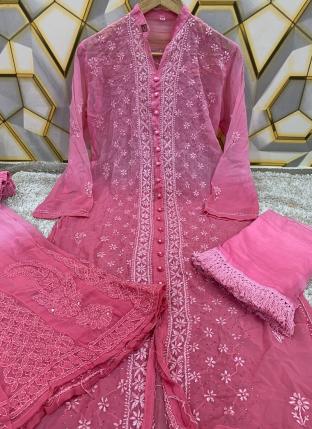 Pink Georgette Party Wear Pearls Work Readymade Salwar Suit