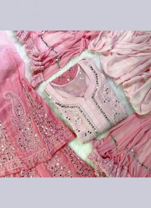 Pink Georgette Festival Wear Mirror Work Kurti With Sharara