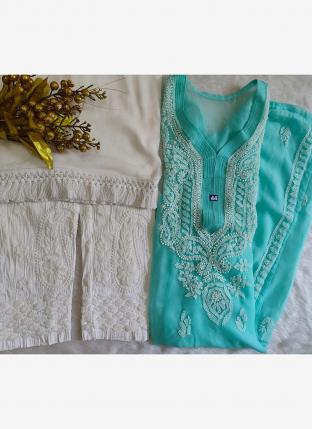 Firozi Georgette Festival Wear Embroidery Work Readymade Salwar Suit