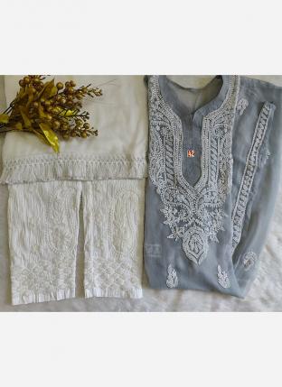 Grey Georgette Festival Wear Embroidery Work Readymade Salwar Suit