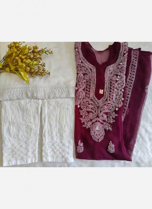 Wine Georgette Festival Wear Embroidery Work Readymade Salwar Suit