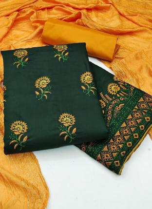 Green Parampara Silk Casual Wear Embroidery Work Dress Material