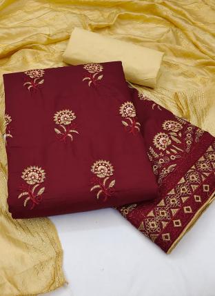 Maroon Parampara Silk Casual Wear Embroidery Work Dress Material