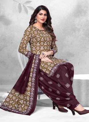 Brown Pure Cotton Daily Wear Printed Work Patiyala Suit