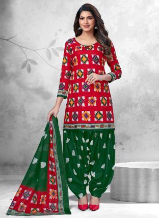 Red Pure Cotton Daily Wear Printed Work Patiyala Suit