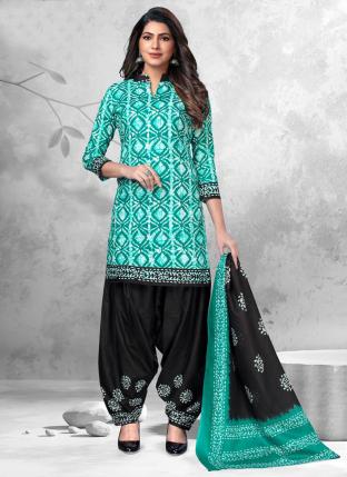 Turquoise Blue Pure Cotton Daily Wear Printed Work Patiyala Suit