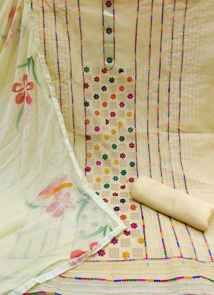Beige Chanderi Casual Wear Embroidery Work Dress Material