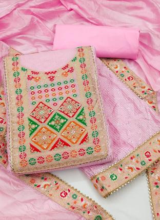 Pink Chanderi Festival Wear Croset Work Dress Material