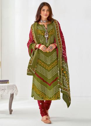 Olive Green Pure Cotton Regular Wear Printed Work Straight Suit
